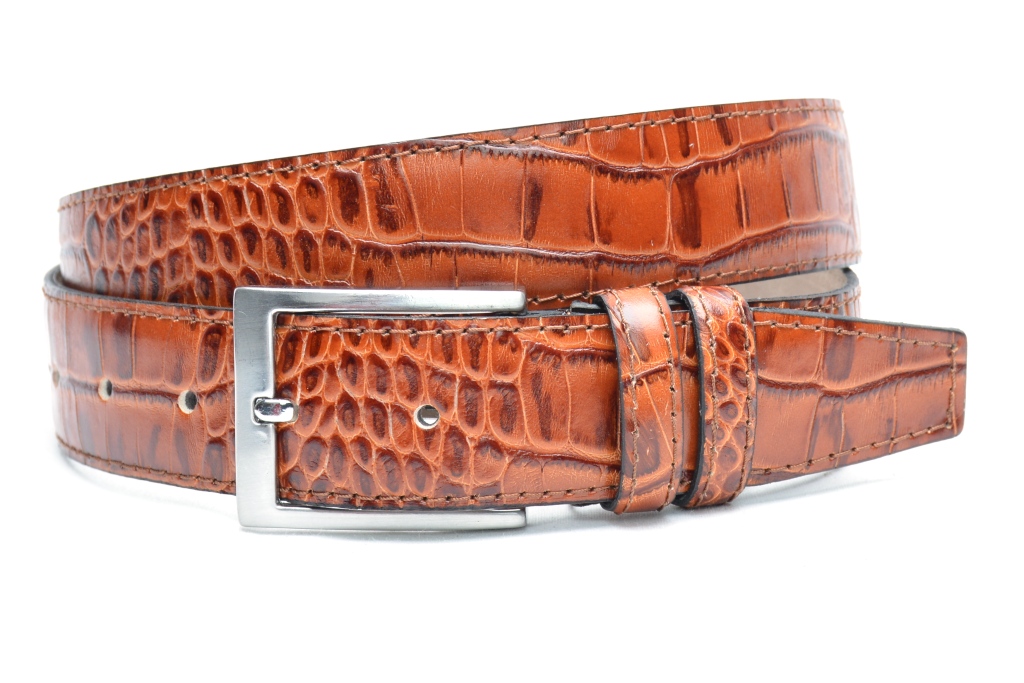 cognac lederen pantalon riem krokodillen 3,5 cm breed Moderiemen.nl